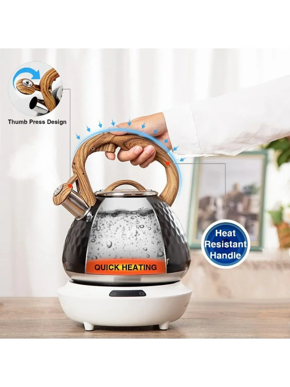 Black Kitchen Whistling Tea Kettle 2.7QT Stainless Steel Diamond Design Stovetop